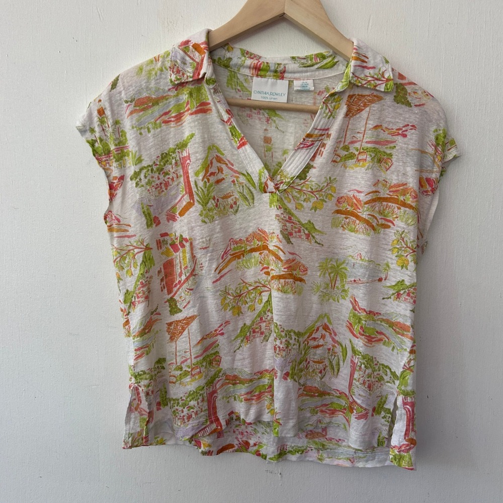 Cynthia Rowley Linen Top Womens Medium White Tropical Landscape Print Coastal